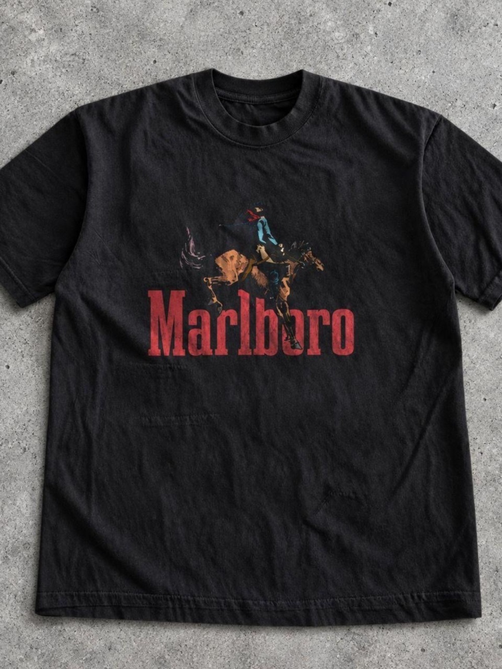 Gildan Black Tee with Red Marlboro Logo and Multicolor Rider